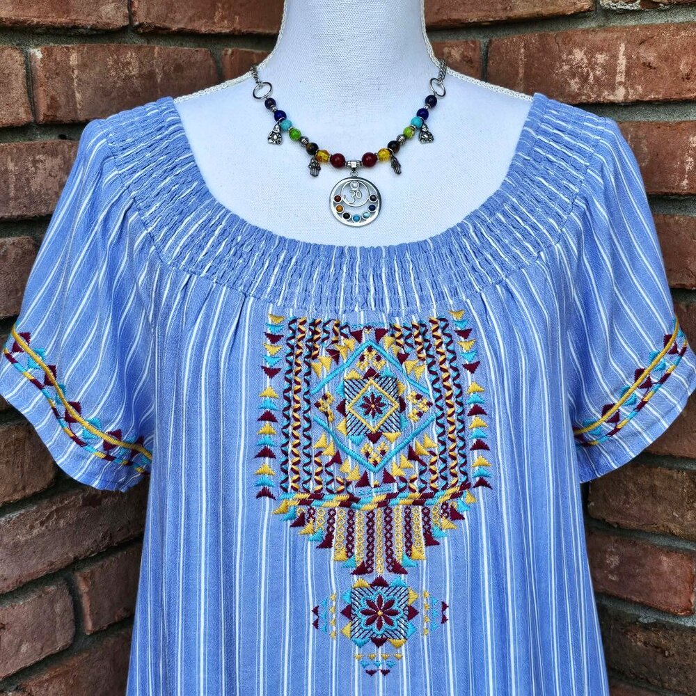 Andree by UNIT Dress. Blue White Striped Colorful Southwestern Embroidery Size M - Picture 7 of 15